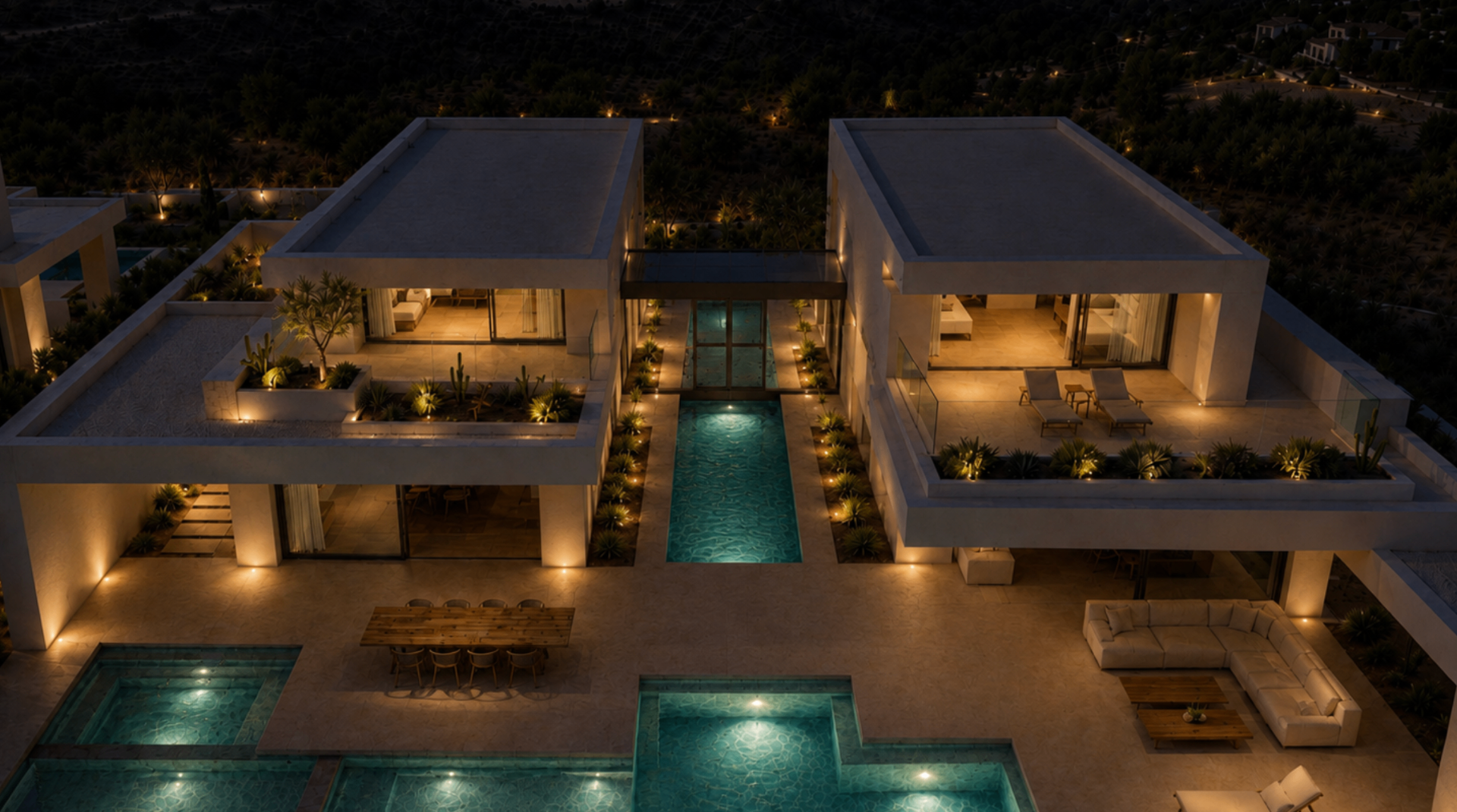 Aerial night view of the villa estate