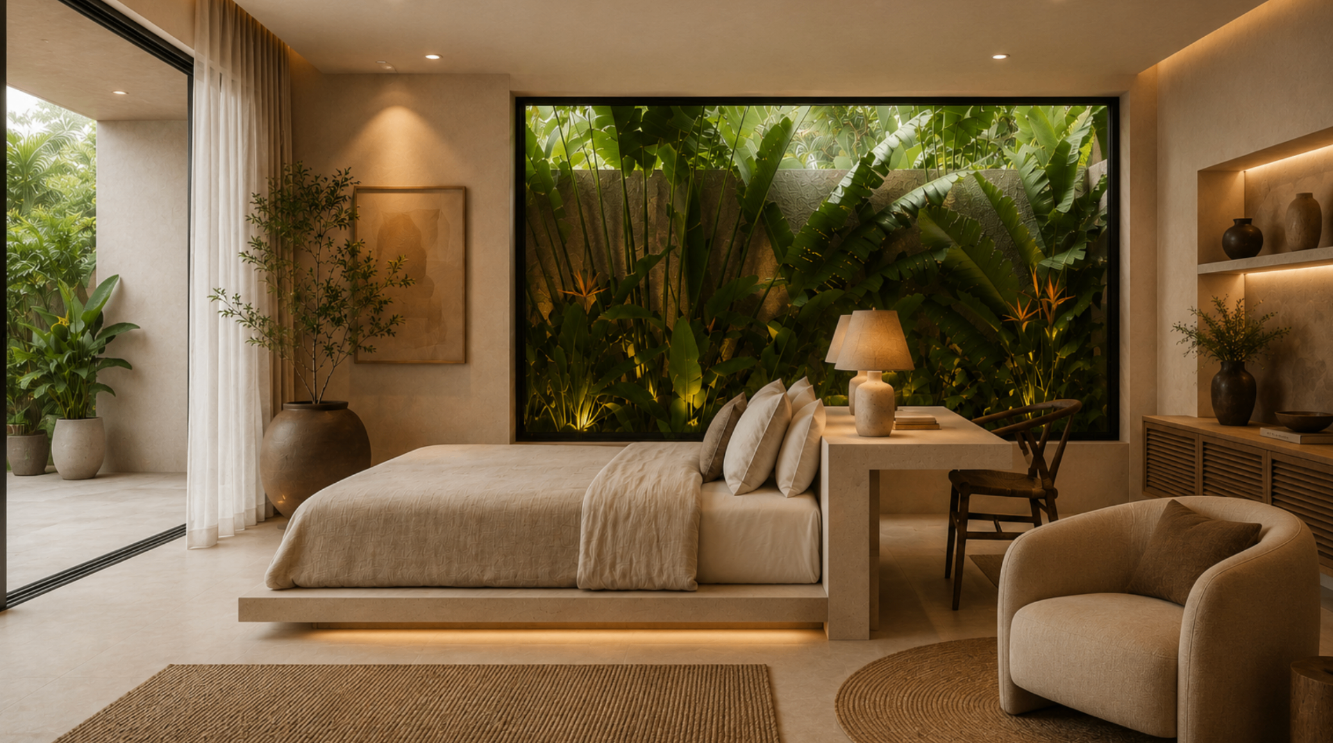 Master bedroom opening onto tropical garden