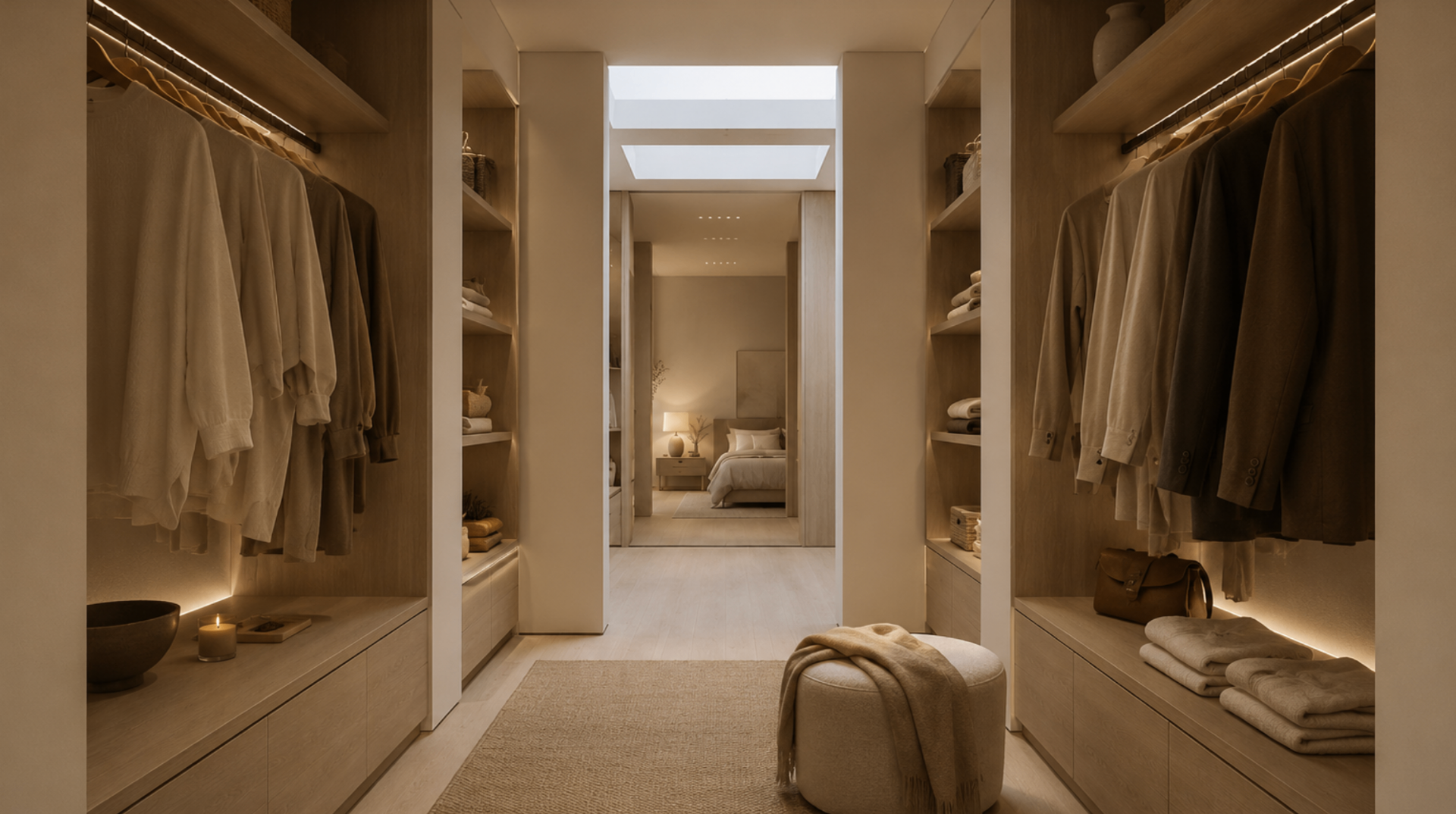Walk-in dressing room with warm lighting