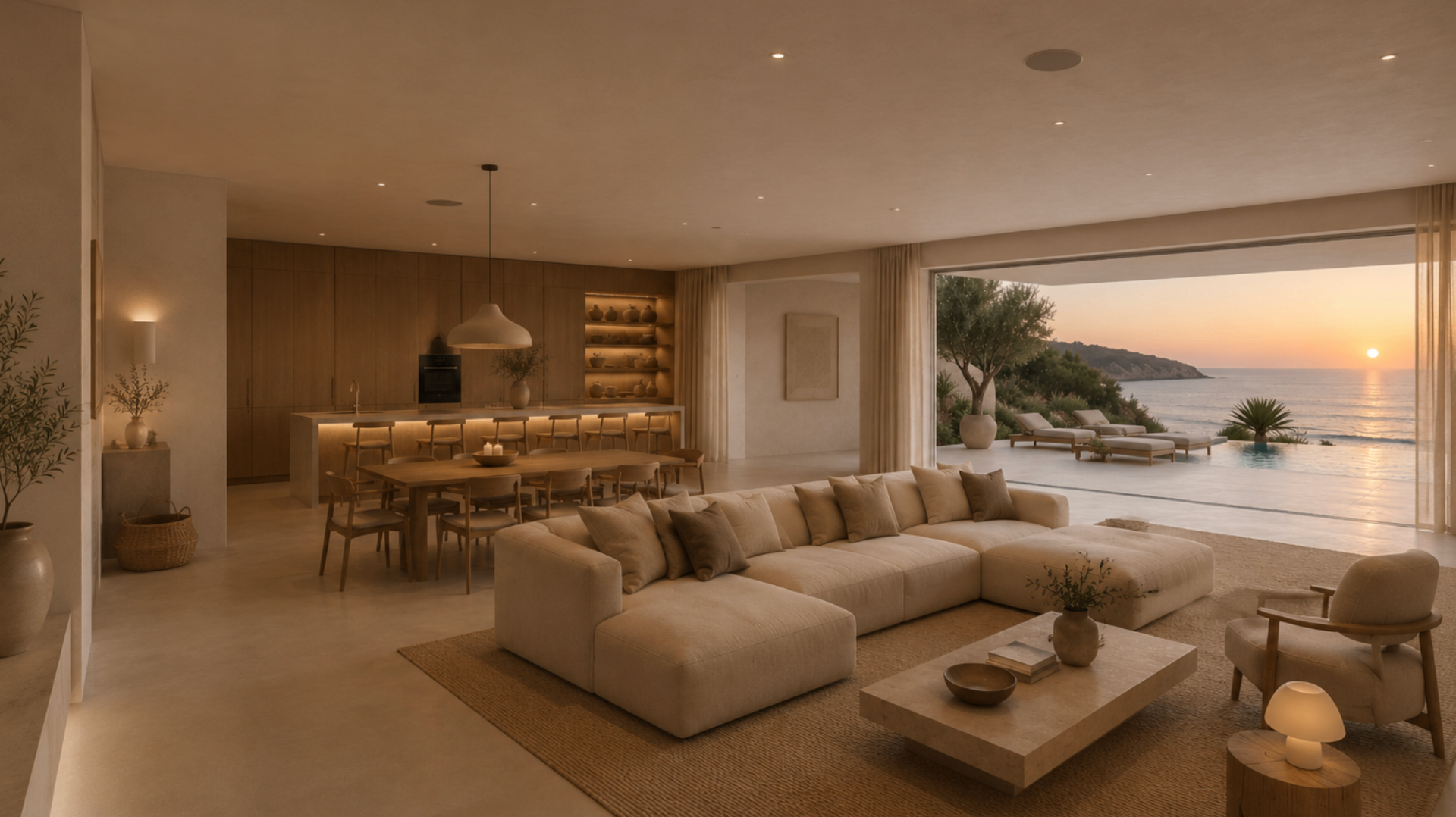 Open living room with sunset ocean view
